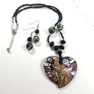 Glass Heart Pendant Necklace and Glass Bead Earrings